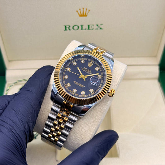 Two-Tone Black Dial Watch With Jubilee Chain & Crown Lock