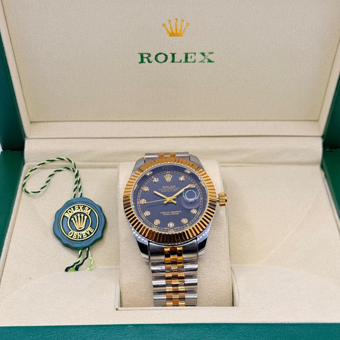 Two-Tone Black Dial Watch With Jubilee Chain & Crown Lock